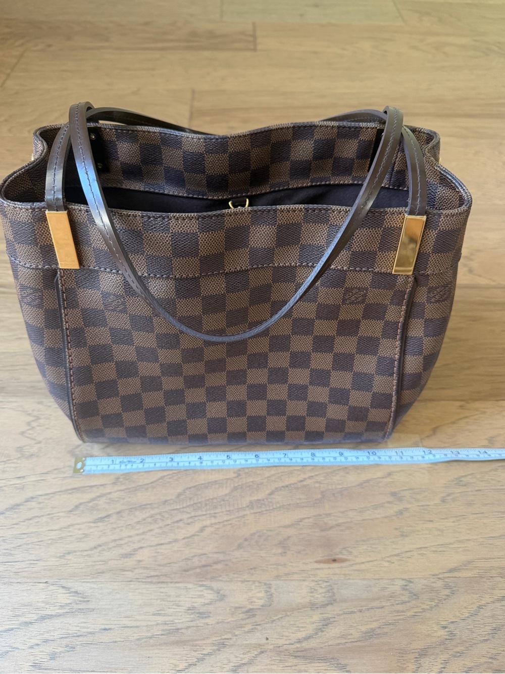 Louis Vuitton Brown Damier Canvas Shoulder Tote with Gold Accents